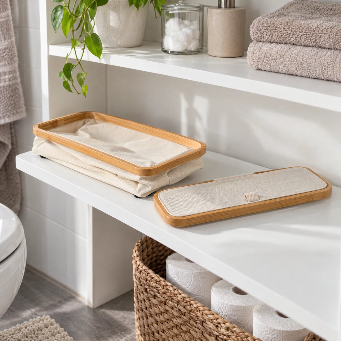 Opbergbox voor toiletrollen met bamboe rand
