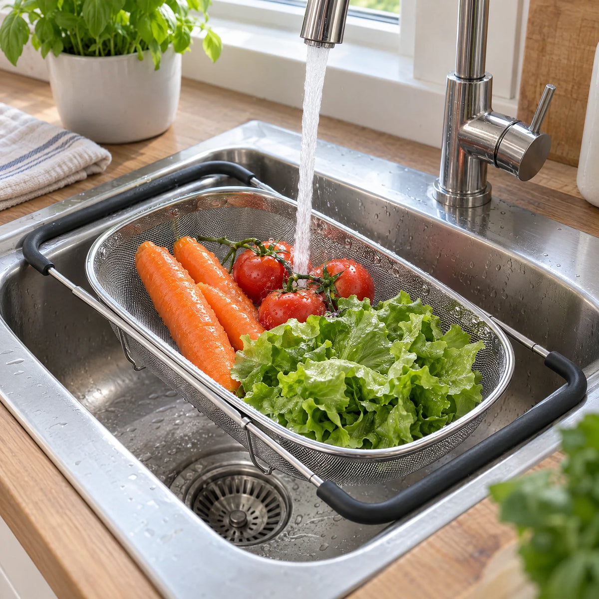 RVS vergiet over de gootsteen met gewassen groente