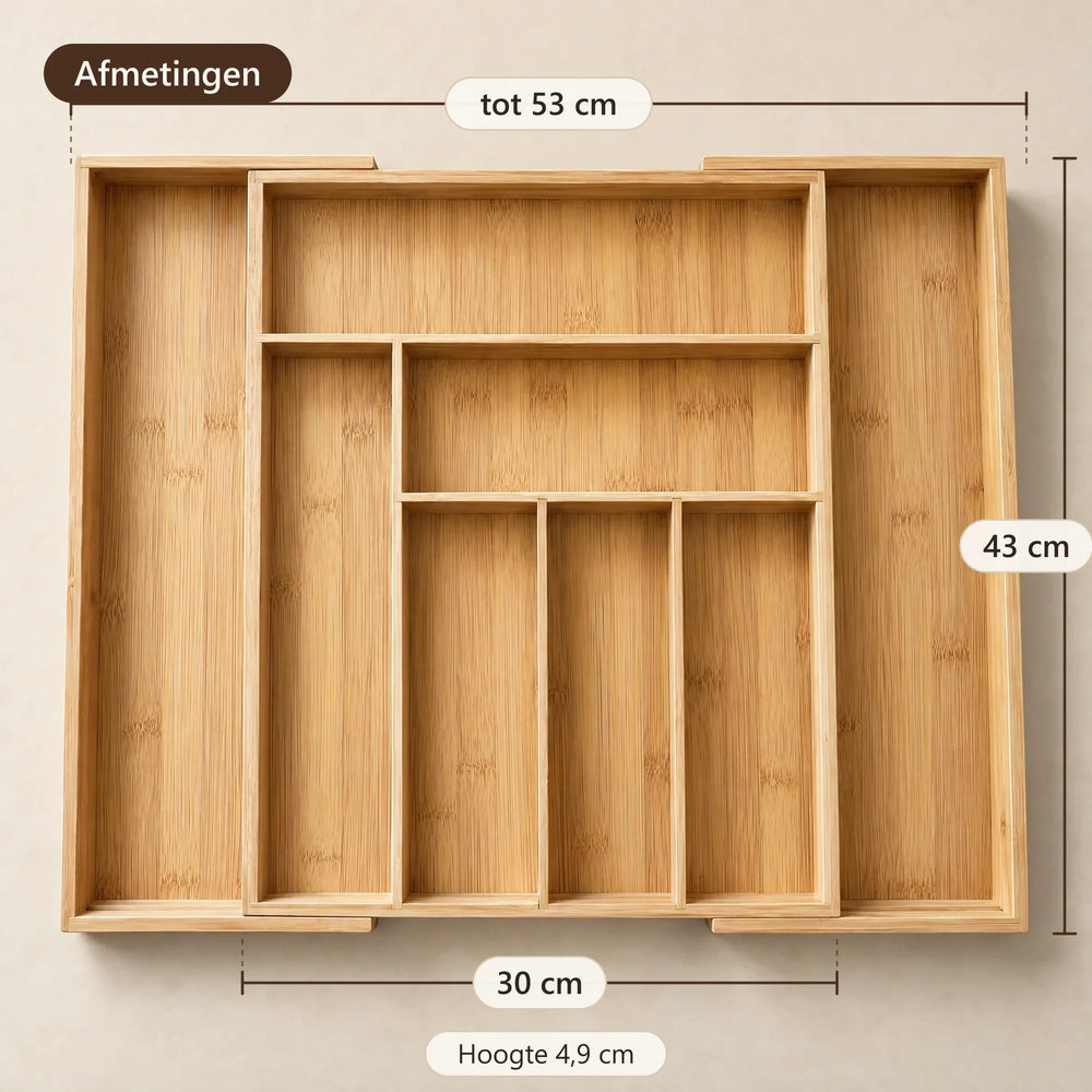 Afmetingen van de bestekbak: tot 53 cm breed, 43 cm diep, 4,9 cm hoog