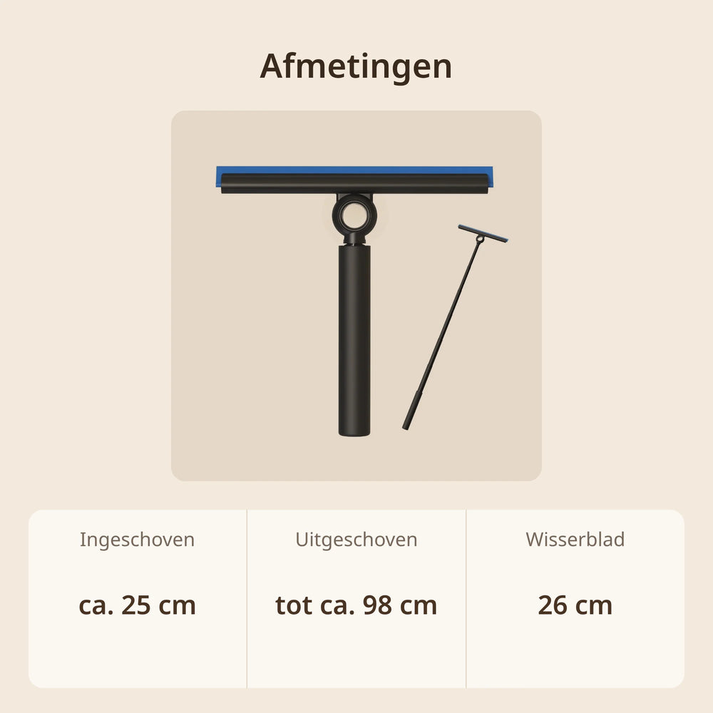 Afmetingen uitschuifbare douchewisser: ca. 25 tot 98 cm lang, wisserblad 26 cm breed