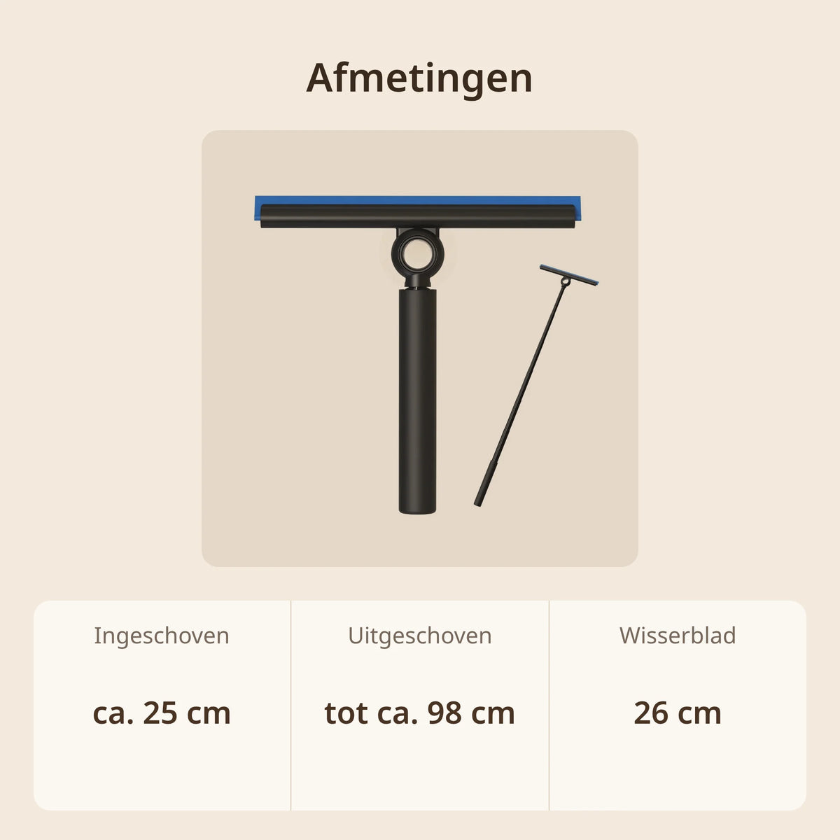 Afmetingen uitschuifbare douchewisser: ca. 25 tot 98 cm lang, wisserblad 26 cm breed