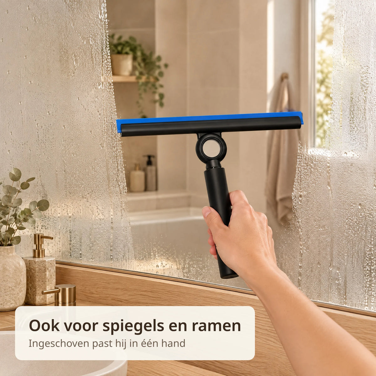 Ingeschoven douchewisser wist een beslagen badkamerspiegel schoon