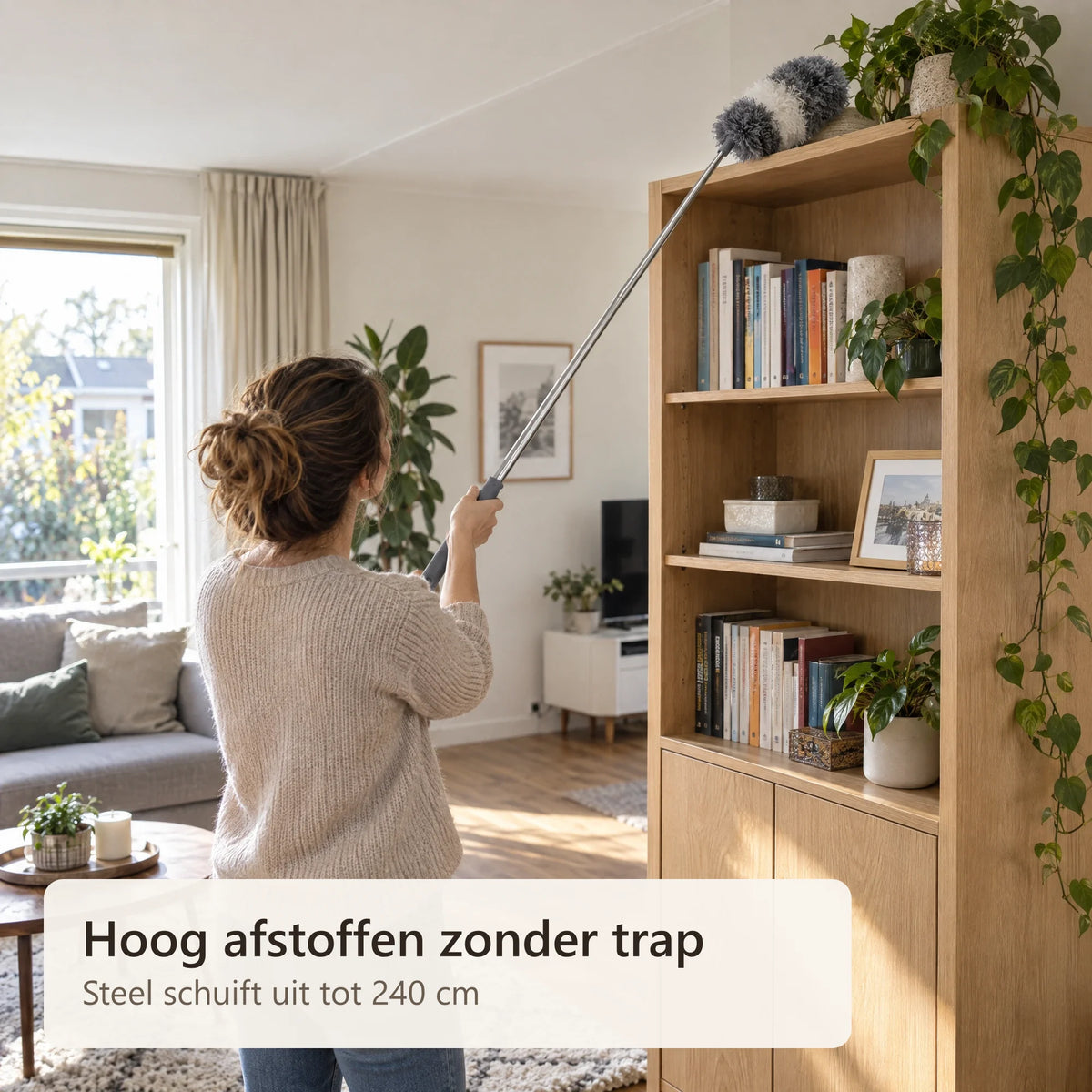 Afstoffen van een hoge boekenkast met de uitschuifbare stofborstel