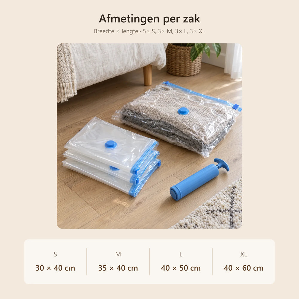 Afmetingen per zak: S 30 × 40, M 35 × 40, L 40 × 50 en XL 40 × 60 cm