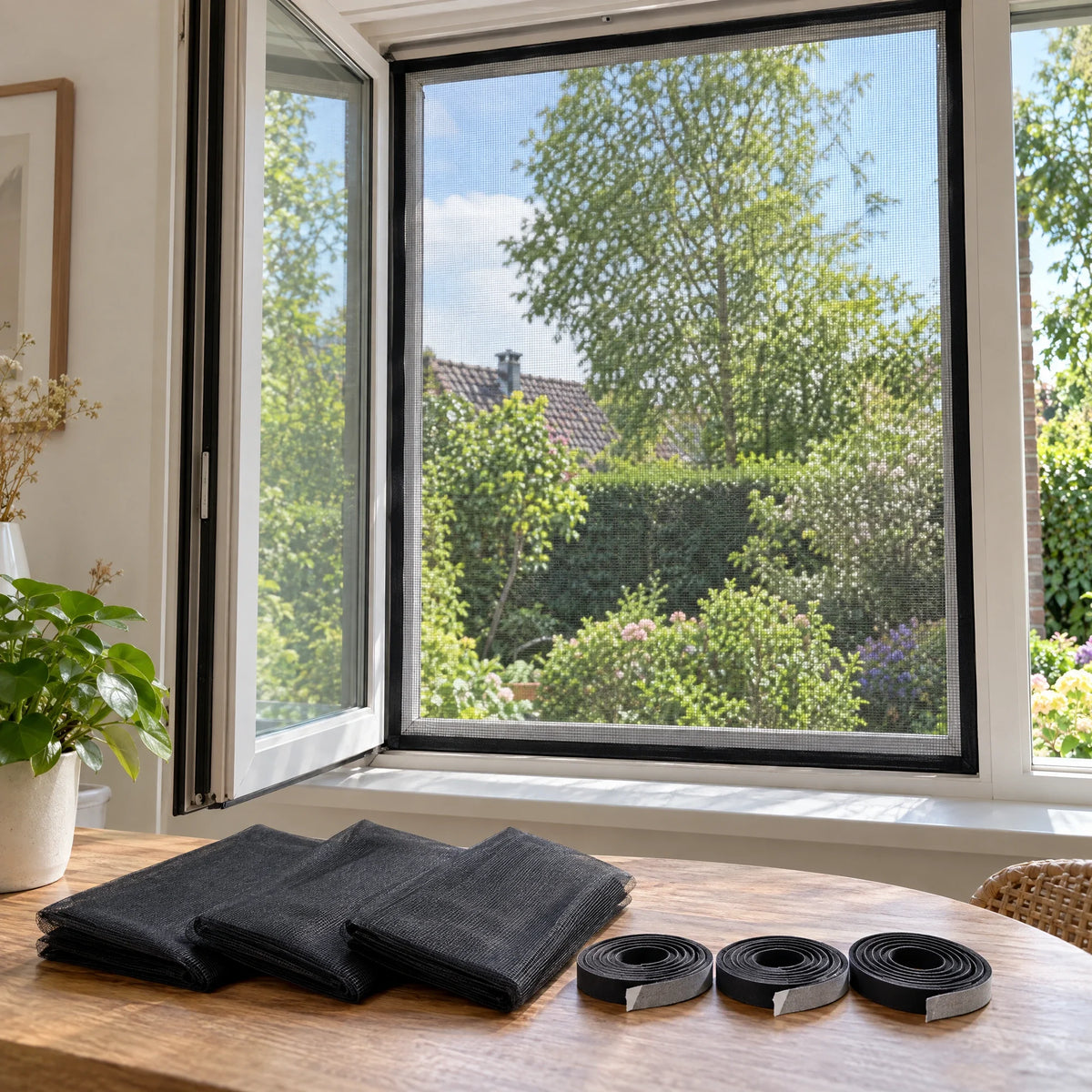 Zwart vliegengaas op een open raam met uitzicht op de tuin