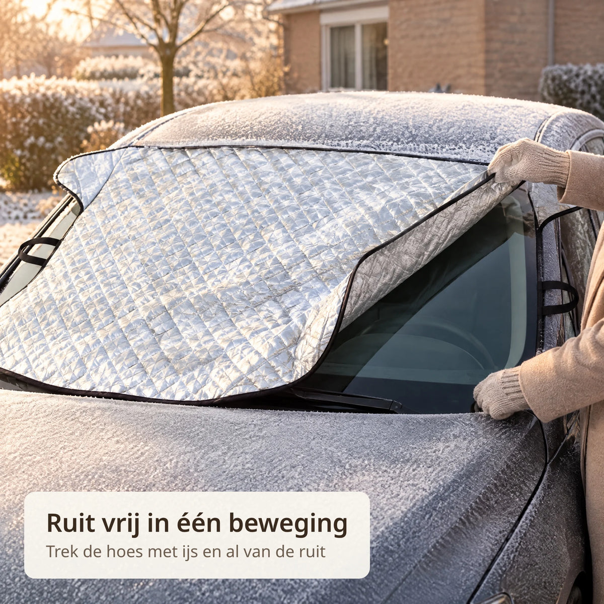 Handen met handschoenen trekken de berijpte voorruithoes van de auto, de ruit eronder is ijsvrij
