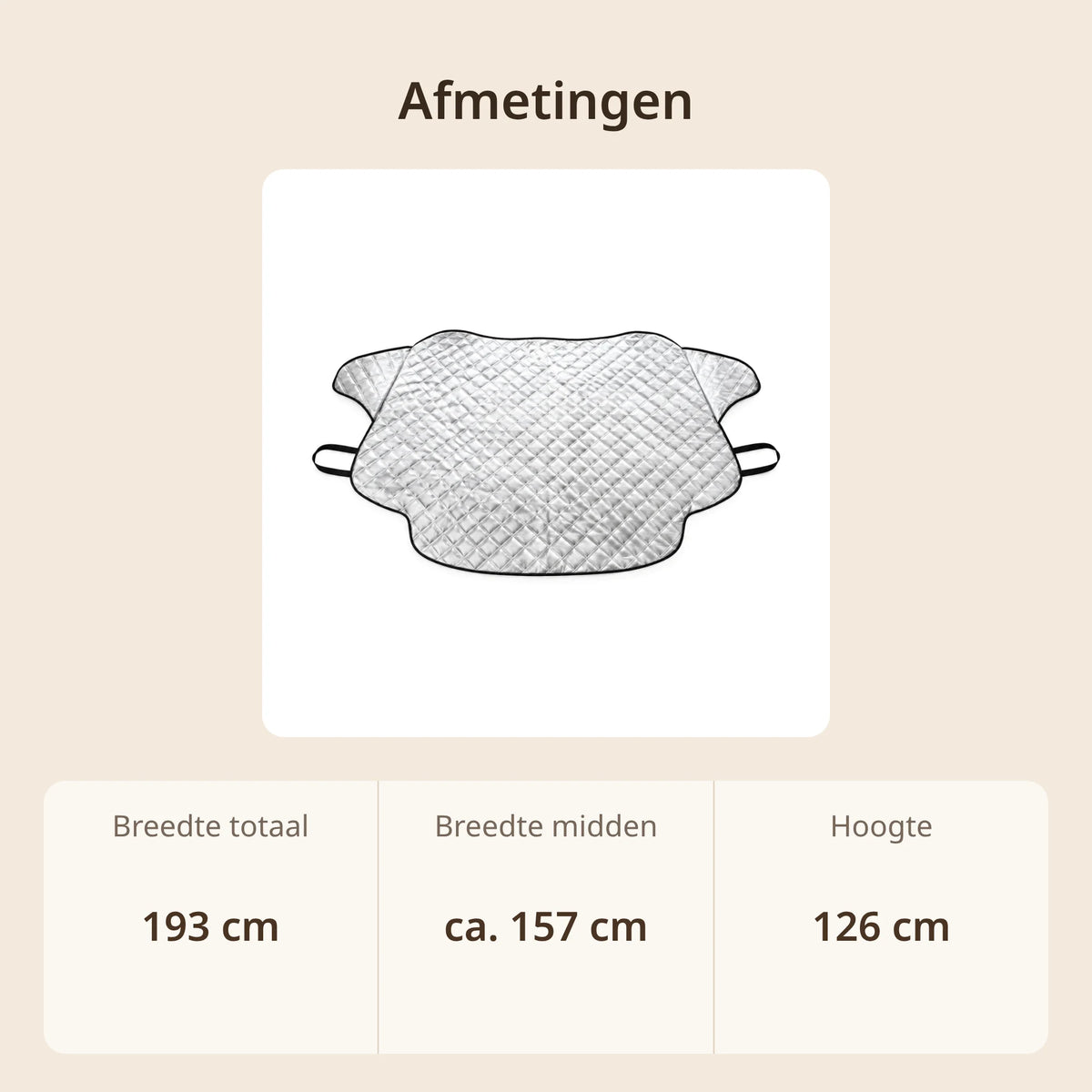 Afmetingen voorruithoes: 193 cm breed inclusief zijflappen, ca. 157 cm breed in het midden en 126 cm hoog