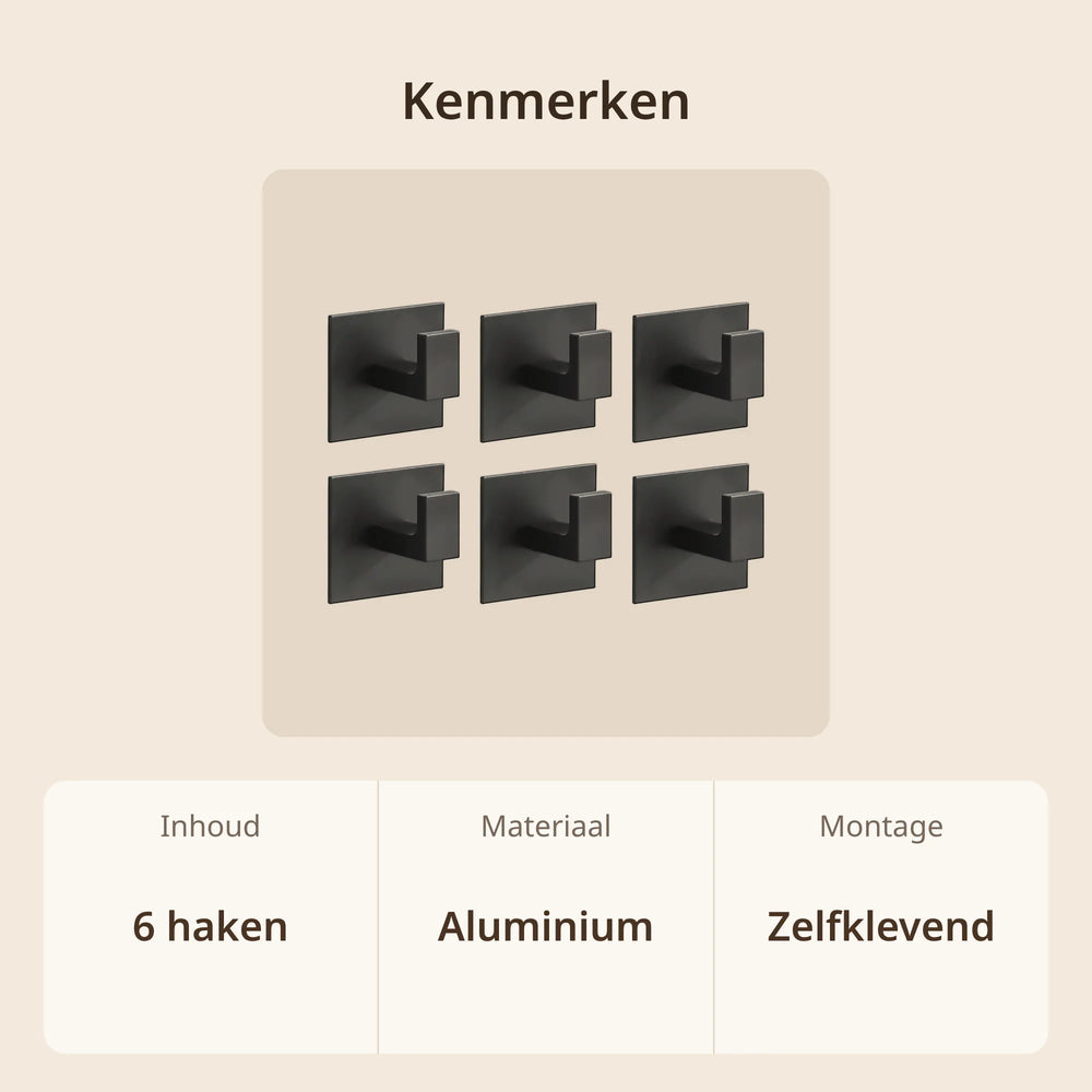 Kenmerken zelfklevende handdoekhaken: set van 6 haken, aluminium, zelfklevende montage