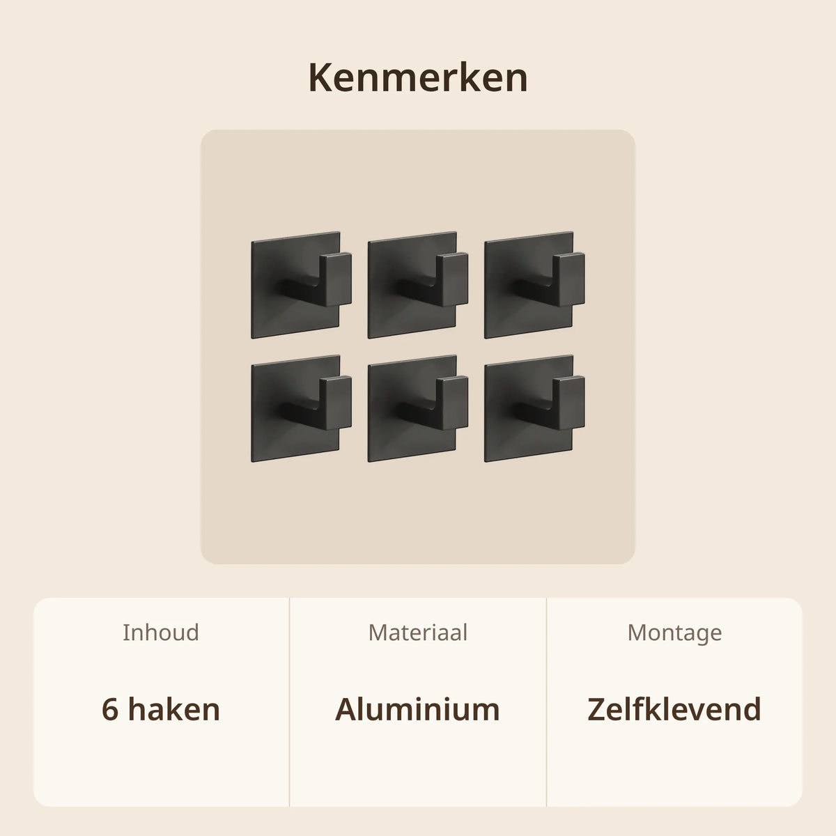 Kenmerken zelfklevende handdoekhaken: set van 6 haken, aluminium, zelfklevende montage