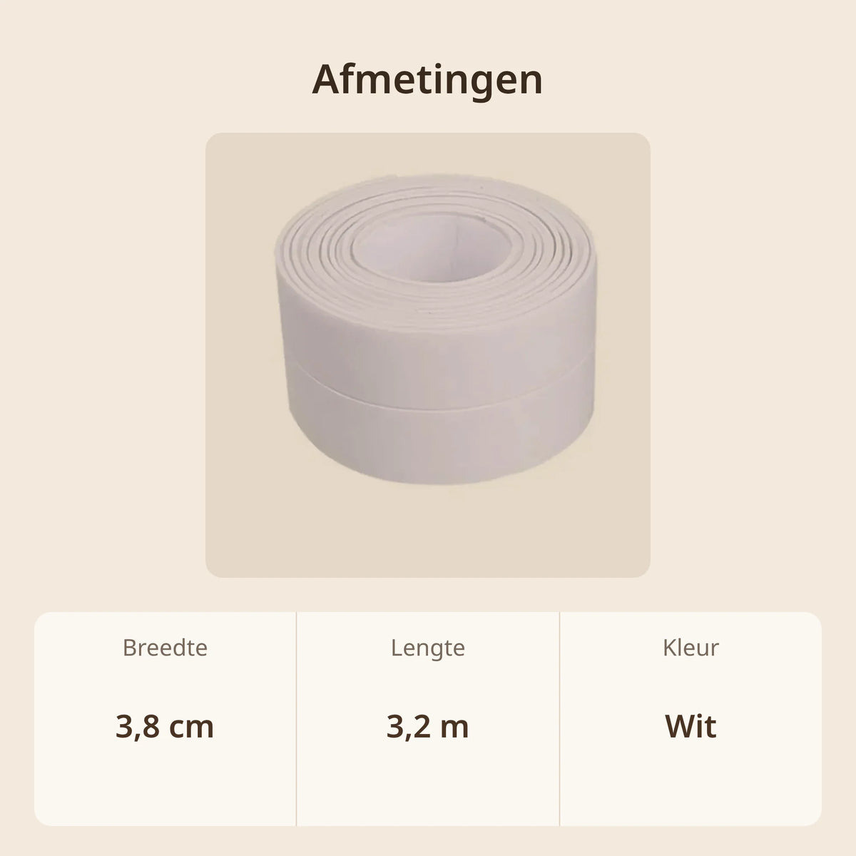 Afmetingen zelfklevende kitstrip: 3,8 cm breed, 3,2 m lang, kleur wit