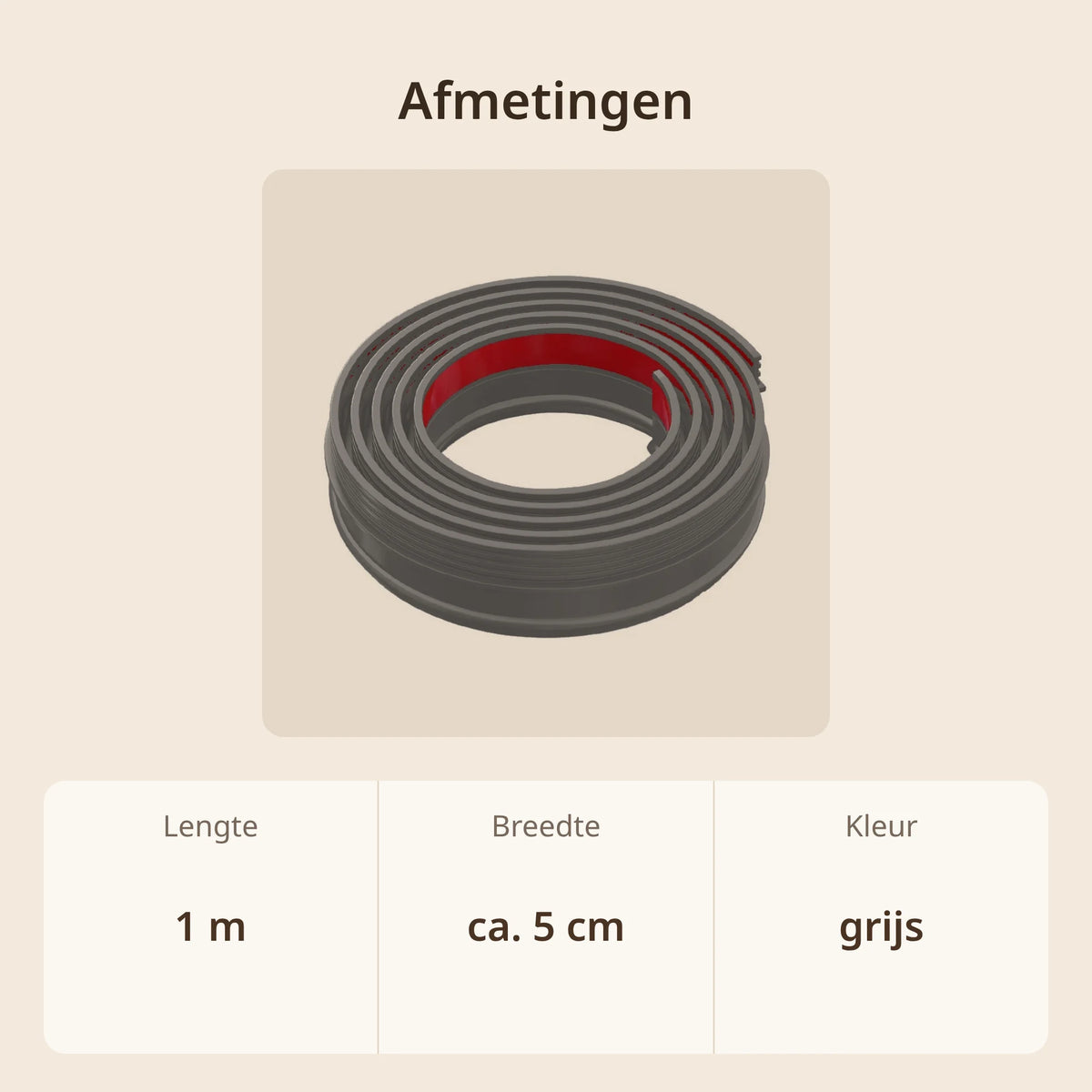 Afmetingen tochtstrip deur: 1 m lang, ca. 5 cm breed, kleur grijs