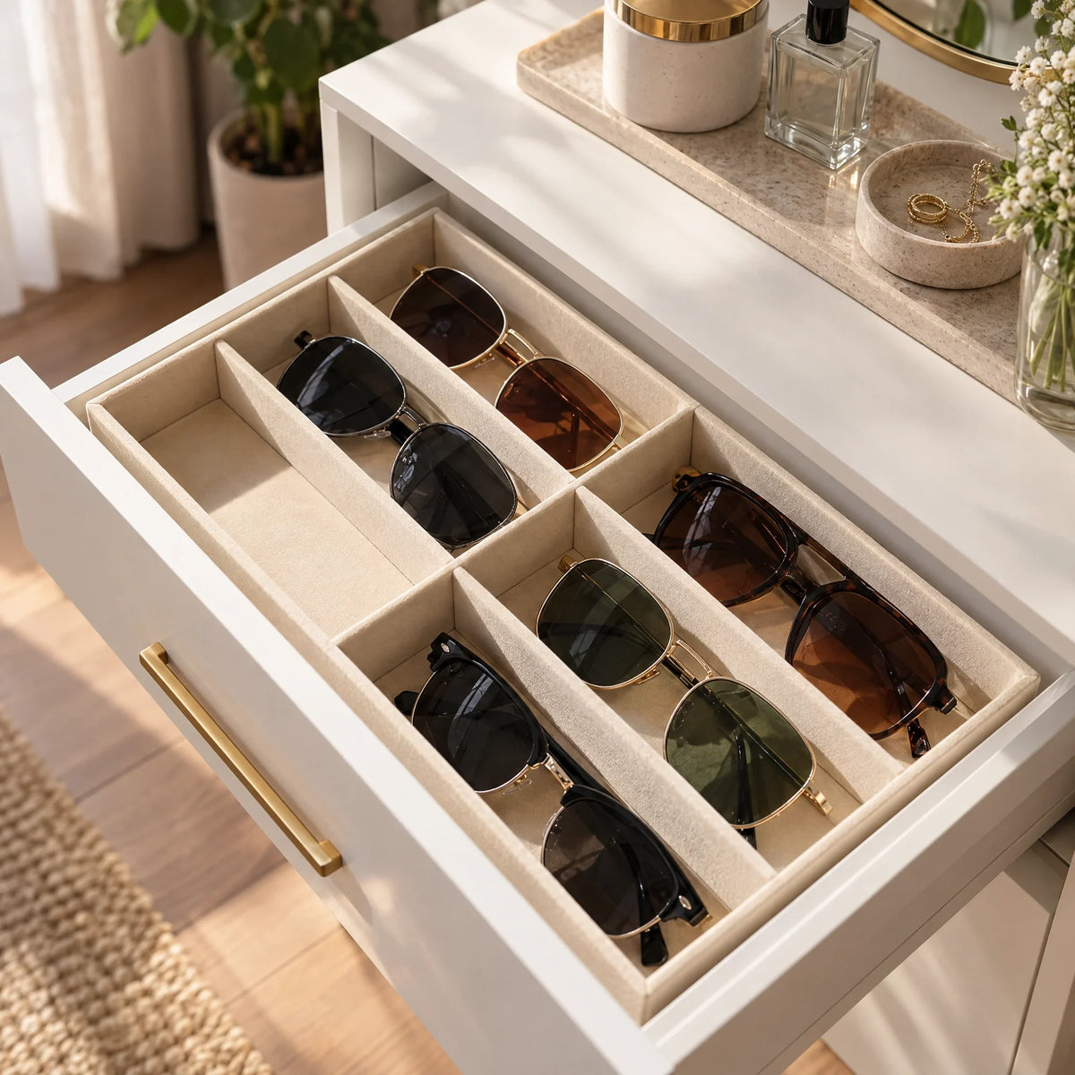 Beige brillenorganizer met acht zonnebrillen in een lade
