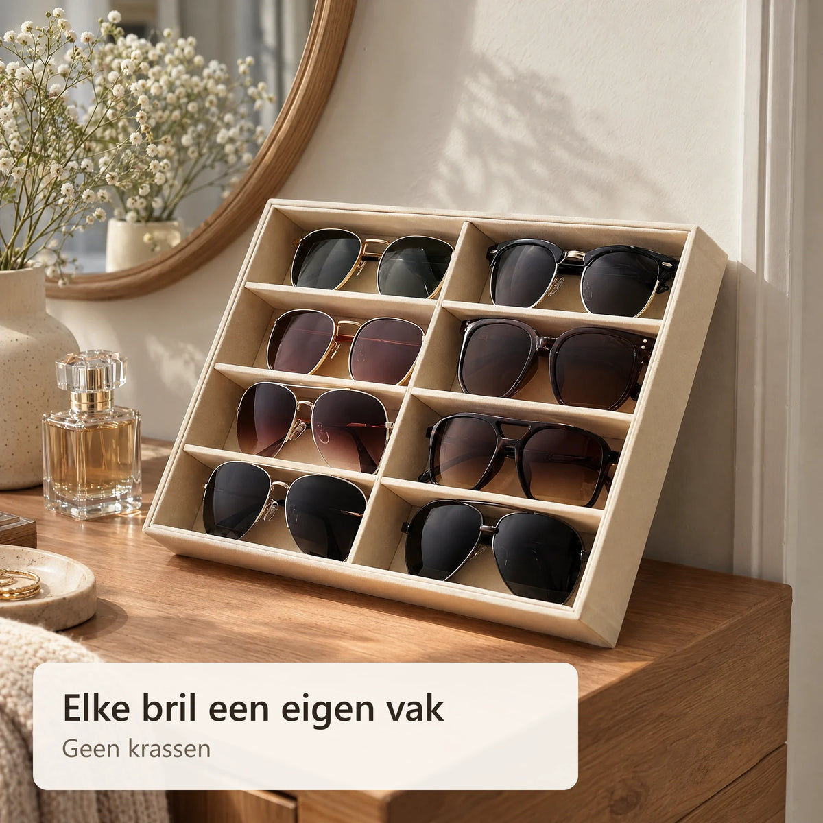 Brillenorganizer met zonnebrillen op een commode