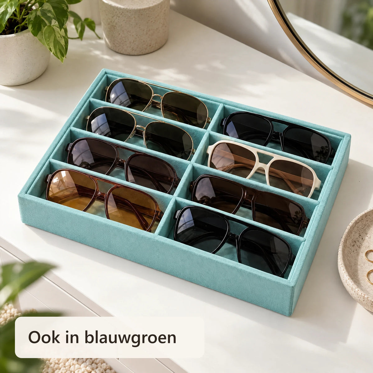 Blauwgroene brillenorganizer met zonnebrillen